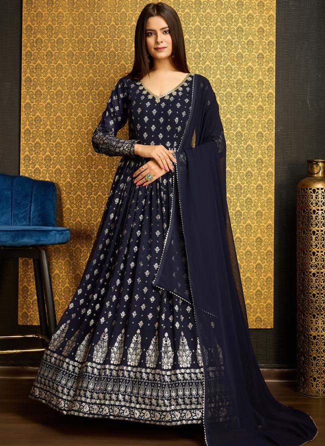 Faux Georgette Navy Blue Eid Wear Hand Work Gown With Dupatta